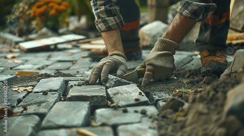 Wallpaper Mural Caucasian Landscaping Worker in His 40s Building Backyard Garden Granite Bricks Path Residential Landscaping Industry : Generative AI Torontodigital.ca