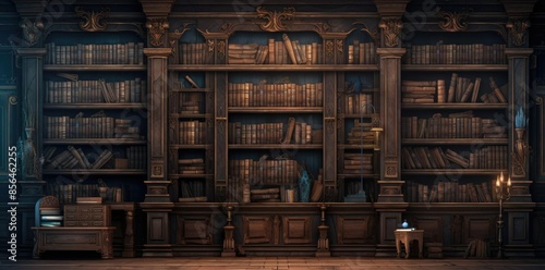 library background with bookshelves and wooden floor photo