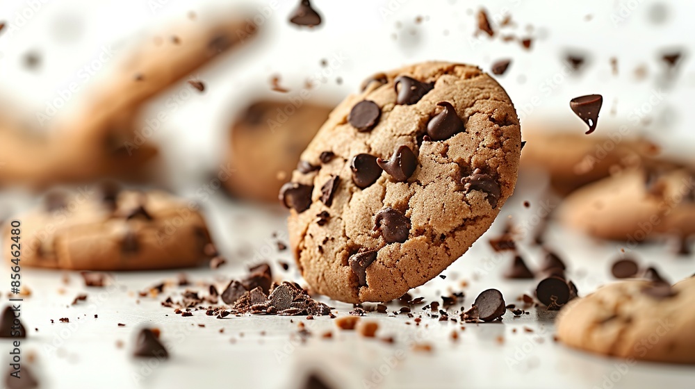 Chocolate Chip Biscuits in Mid-Air on White Background Chocolate Chip Biscuits in Mid-Air on White Background