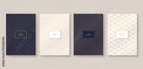 Luxury a4 cover template with hexagon pattern set of 4, Trendy vector collection for cover design, brochure, catalog, menu. Easy to edit with seamless pattern and mask use.
