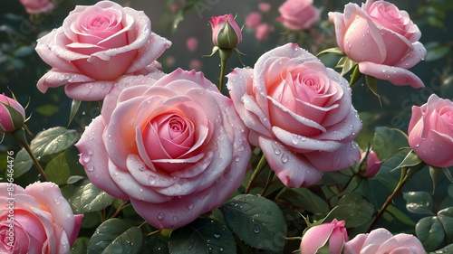 Beautiful pink roses with water drops on petals, generative Ai