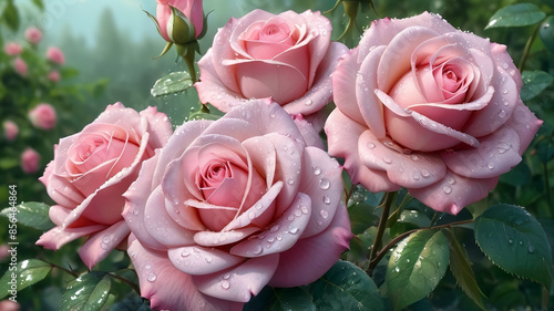 Obraz na płótnie Beautiful pink roses with water drops on petals, generative Ai w salonie