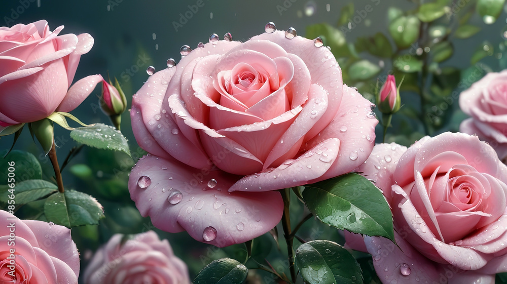 Beautiful pink roses with water drops on petals, generative Ai