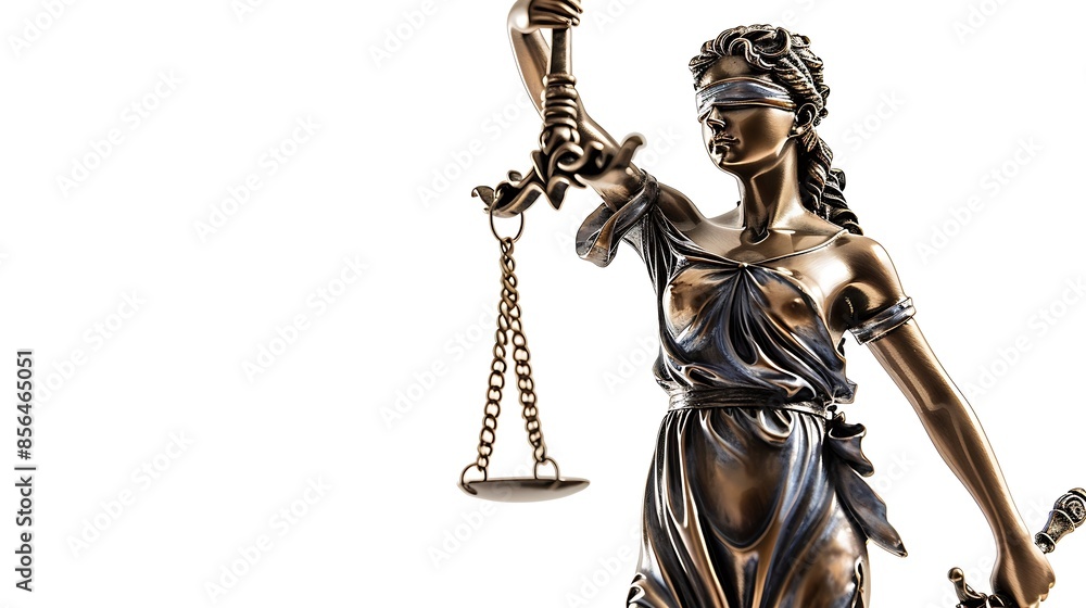 Statue of Lady Justice isolated on white low angle view Symbol of fair treatment under law : Generative AI Statue of Lady Justice isolated on white low angle view Symbol of fair treatment under law : Generative AI
