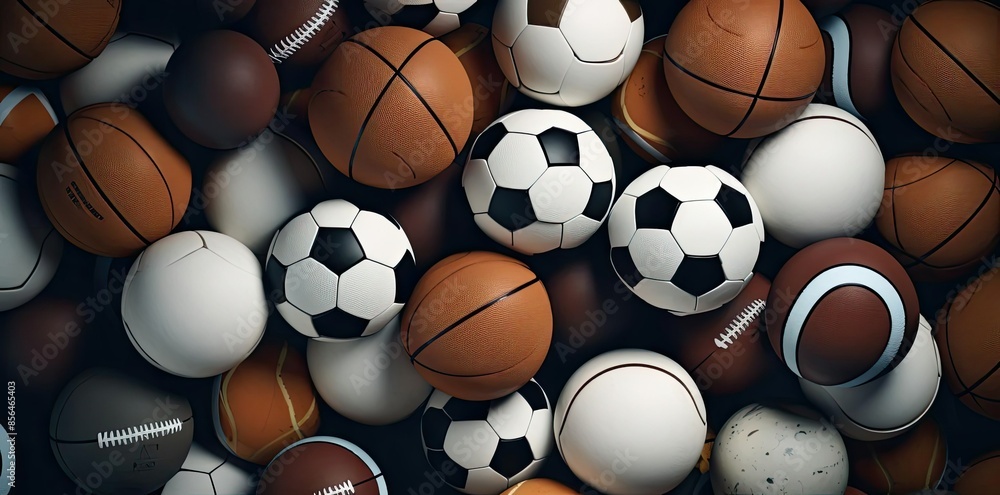 sports background featuring a variety of balls, including brown, white, black, and brown - and - black balls, as well as a white and black soccer ball sports background featuring a variety of balls, including brown, white, black, and brown - and - black balls, as well as a white and black soccer ball