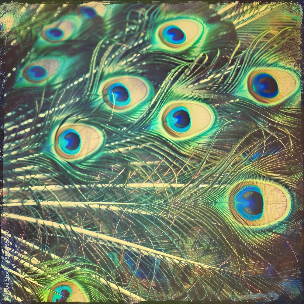 Fototapeta premium Cross processed image of peacock tail feathers, pavo real