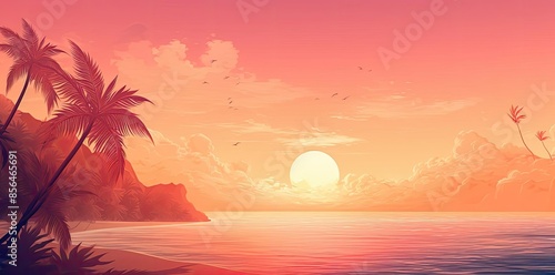 summer background wallpaper featuring a serene beach scene with palm trees, calm blue water, and a stunning pink and orange sky with a white cloud