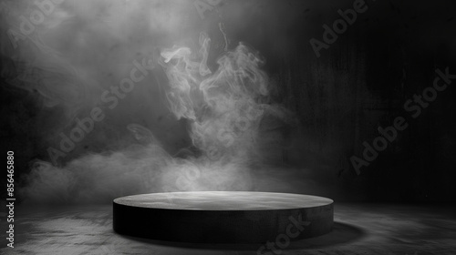  Podium black dark smoke background product platform abstract stage texture fog spotlight. Dark black floor podium dramatic empty night room table concrete wall scene place display studio smoky dust