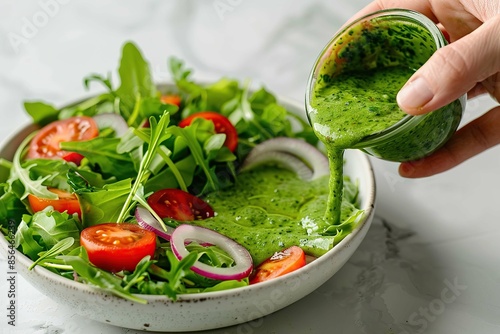 pouring green goddess dressing to salad