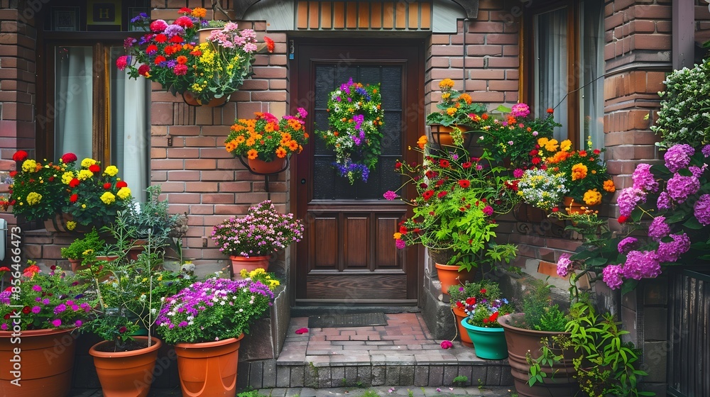 Naklejka premium Entrance to a home through a beautiful garden with colorful flowers Plants and flowers in pots on a doorstep leading to entrance of a house Front of a house with Garden design Nobody s : Generative AI