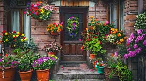 Entrance to a home through a beautiful garden with colorful flowers Plants and flowers in pots on a doorstep leading to entrance of a house Front of a house with Garden design Nobody s : Generative AI