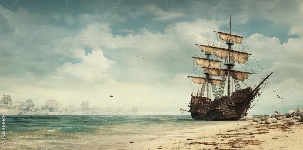 Naklejka premium travel background featuring a pirate ship sailing on blue waters under a cloudy blue sky, with a flying bird in the distance