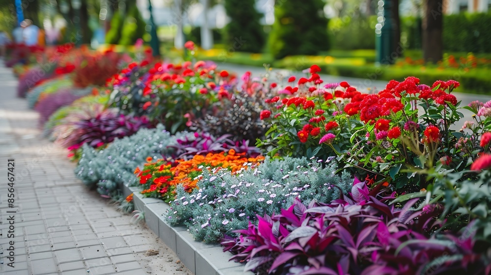 Gardening and landscaping Beautiful flowerbed with different plants on city street : Generative AI Gardening and landscaping Beautiful flowerbed with different plants on city street : Generative AI