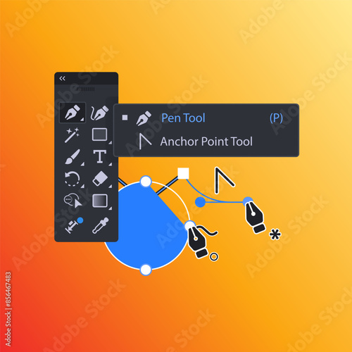 Pen and Anchor Point Tool in program for vector graphics. Illustration of toolbar
