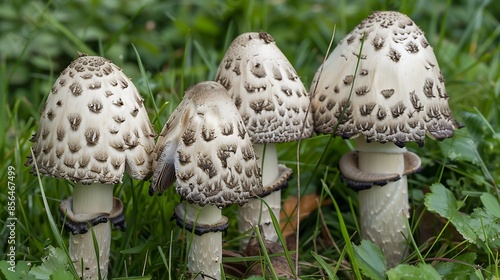 Group of mushrooms Coprinus comatus in the grass named the shaggy ink cap lawyers wig or shaggy mane It is tasty edible mushroom : Generative AI photo