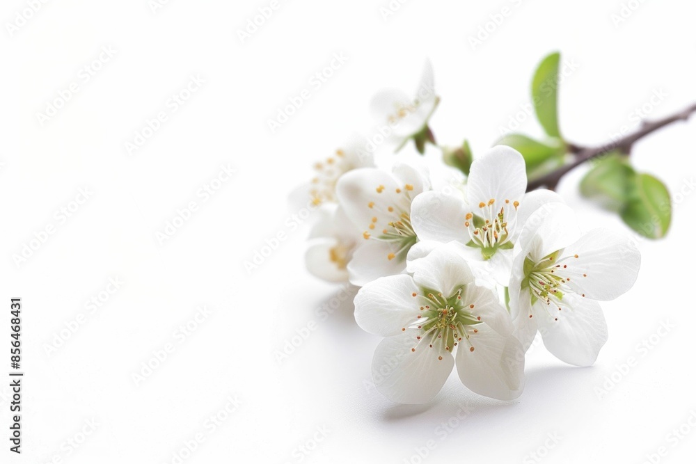 Obraz premium Delicate White Flowers Blossoming on a Branch with Copy Space on White Background for Text and Design Inspiration