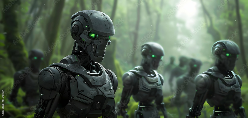 Design a digital image of folkloreinspired robotic guardians standing in an ancient forest at eye level Design a digital image of folkloreinspired robotic guardians standing in an ancient forest at eye level