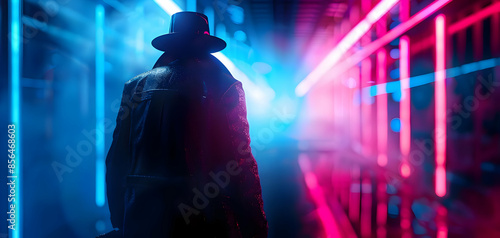 Create a stylized, moody Film Noir Detective Mystery scene set in a Cyberpunk City Showcase dramatic lighting and futuristic architecture, add a mysterious figure in a trench coat photo