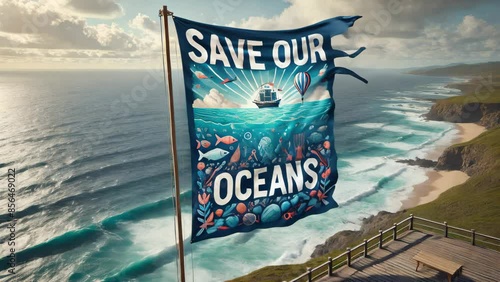 Save Our Oceans Flag Waving Over the Coastline