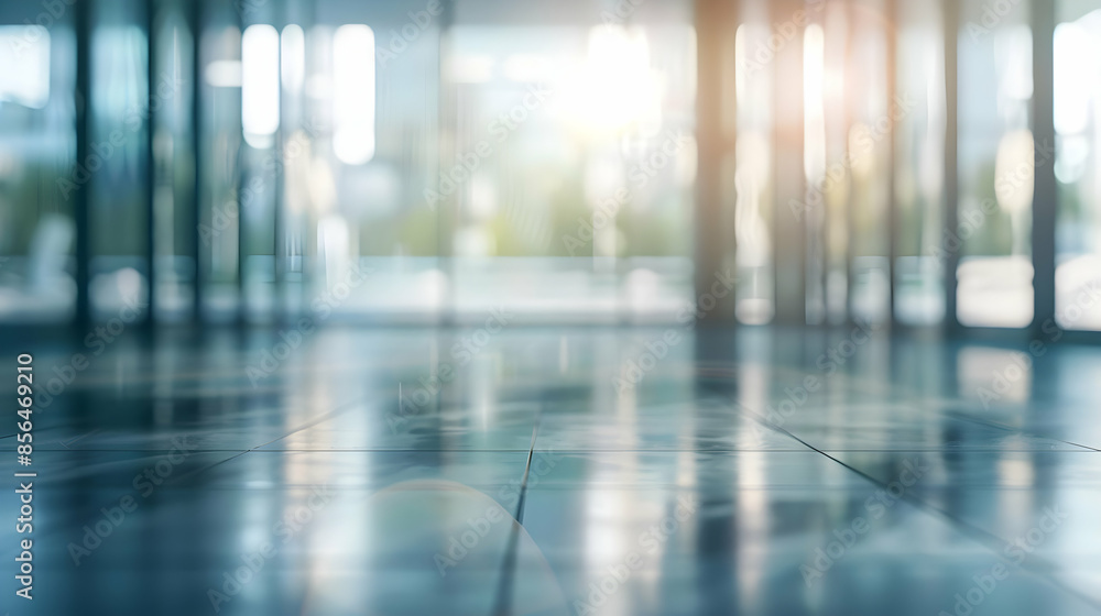 A modern office interior with blurred background of city skyline and sunlight streaming through windows. The polished floor reflects the light. A modern office interior with blurred background of city skyline and sunlight streaming through windows. The polished floor reflects the light.