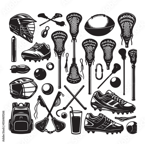 silhouette set of lacrosse equipment set. lacrosse player, sport.vector illustration.