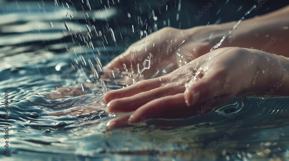 Fototapeta premium Womans hands feeling and touching water : Generative AI