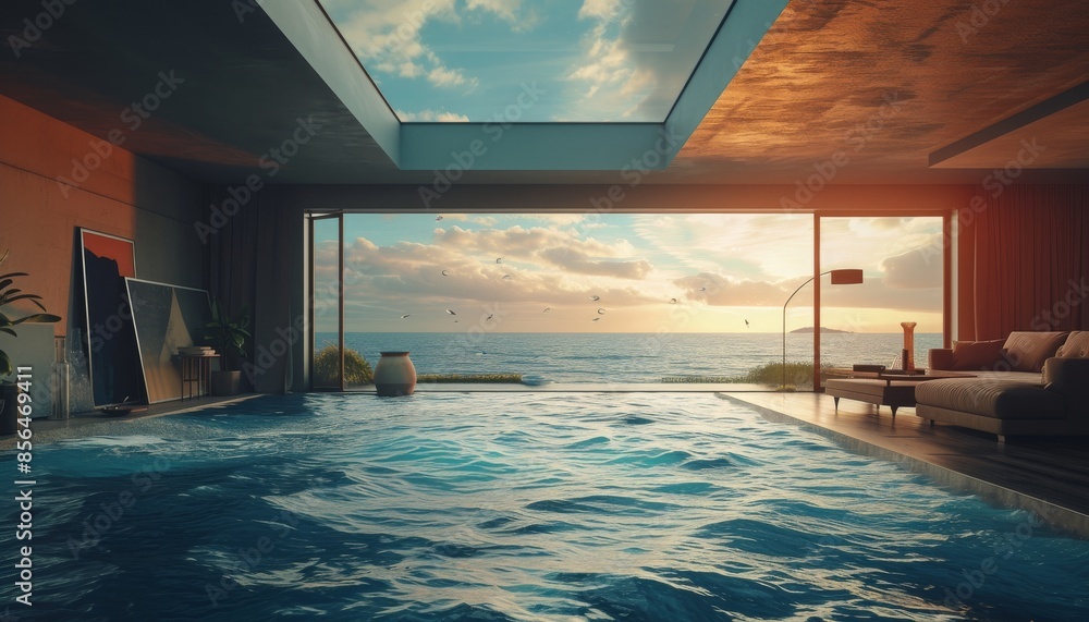 Obraz premium Luxurious interior design with an ocean-inspired theme 🏠🌊 Embracing unconventional elements for a sophisticated and refreshing home environment. Ideal for those seeking elegance with a unique twist