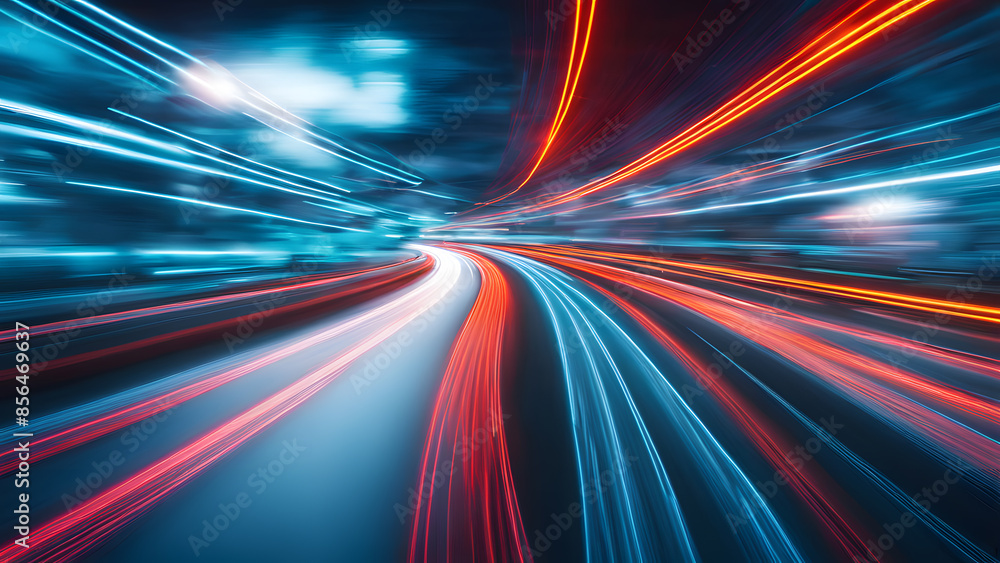 A blurry image of a highway with red, blue, and orange lights A blurry image of a highway with red, blue, and orange lights