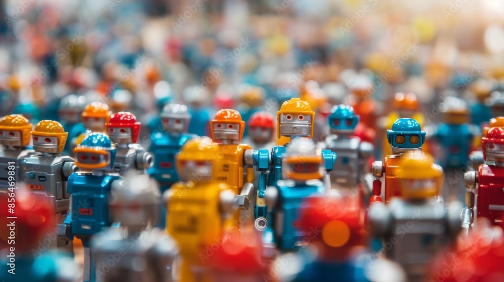 Obraz premium The crowds cheers are merely a distant background noise as the robots take center stage in the defocused competition.