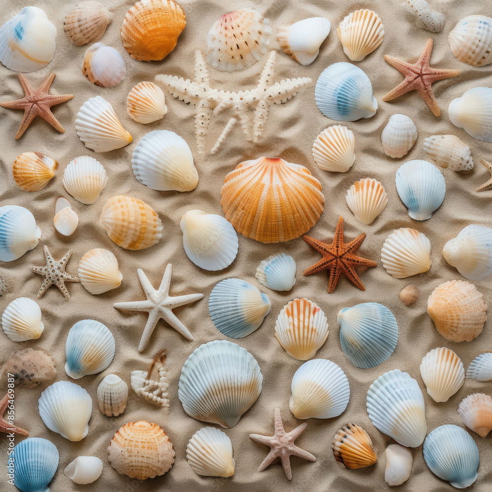 Assortment of Seashells and Starfish Neatly Arranged on Sandy Background Assortment of Seashells and Starfish Neatly Arranged on Sandy Background