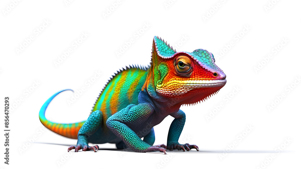 Obraz premium A colorful lizard with a blue head and green body stands on a white background