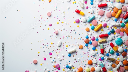 Colorful Array of Various Pills and Capsules on White Background