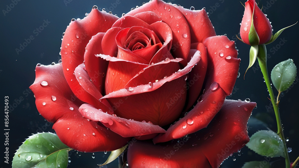 Beautiful red roses with water drops on petals, generative Ai