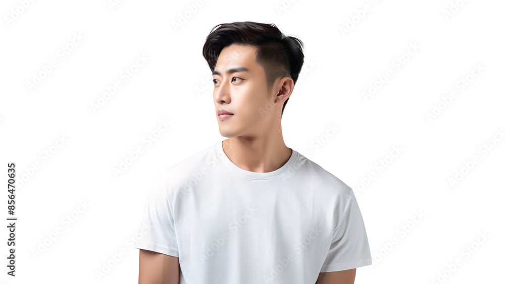 Portrait of handsome Asian male model in white t-shirt looking away, concept of style and fashion studio shot, isolated on transparent background Portrait of handsome Asian male model in white t-shirt looking away, concept of style and fashion studio shot, isolated on transparent background