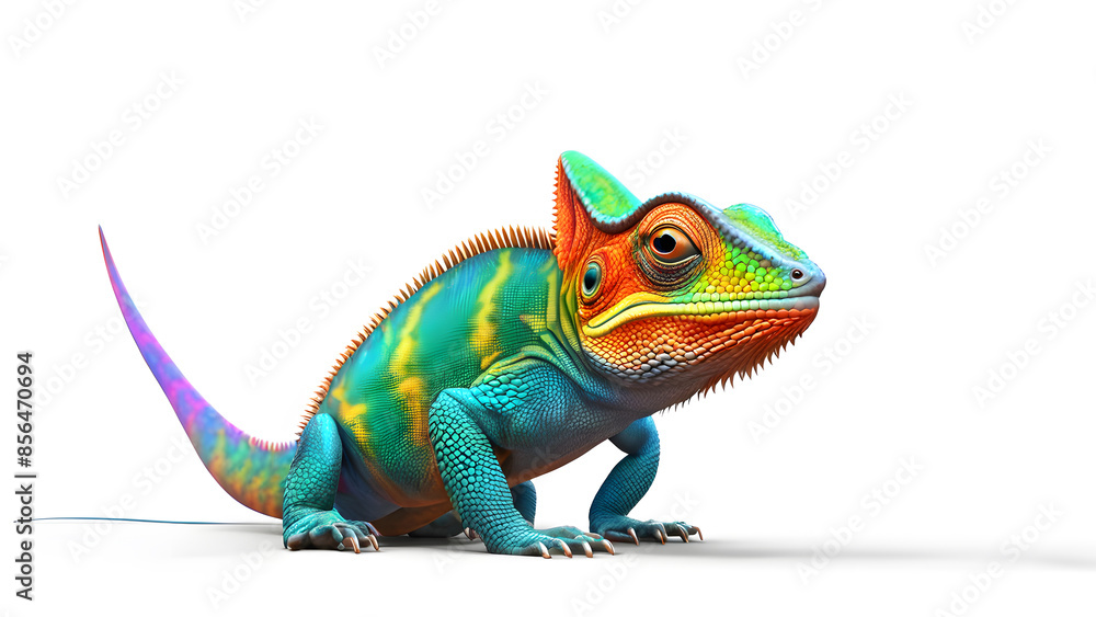 Fototapeta premium A colorful chameleon is standing on a white background