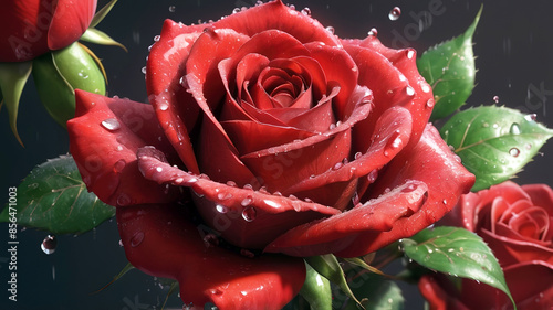 Obraz na płótnie Beautiful red roses with water drops on petals, generative Ai w salonie