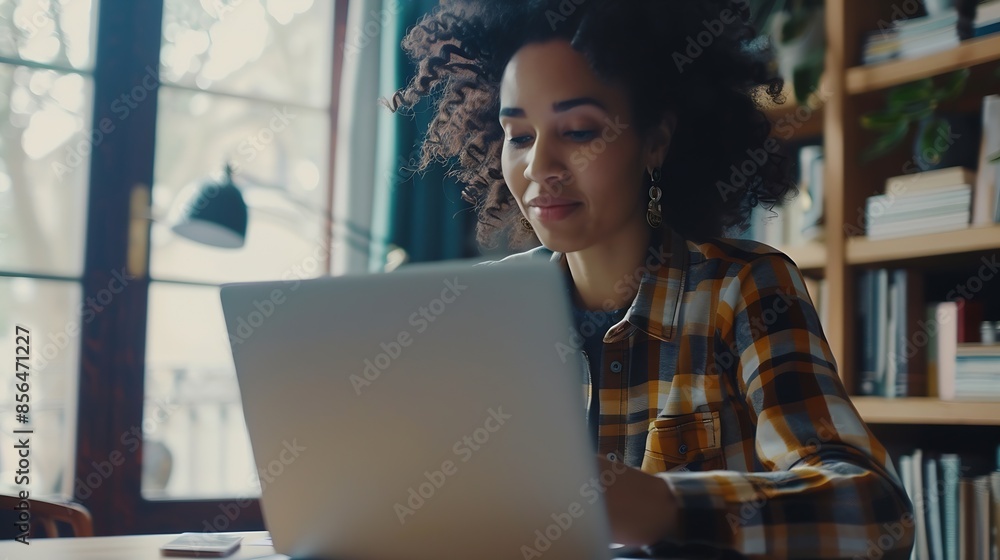 Fototapeta premium A cheerful interracial woman is writing down in a textbook while following a webinar on the laptop from home A course attendee is following an online educational lecture on a laptop fr : Generative AI