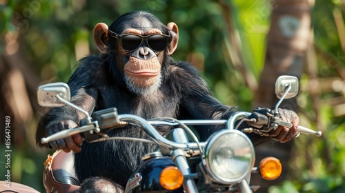 Image of cool chimpanz monkey wearing sunglasses is riding a chopper motorcycle
 photo