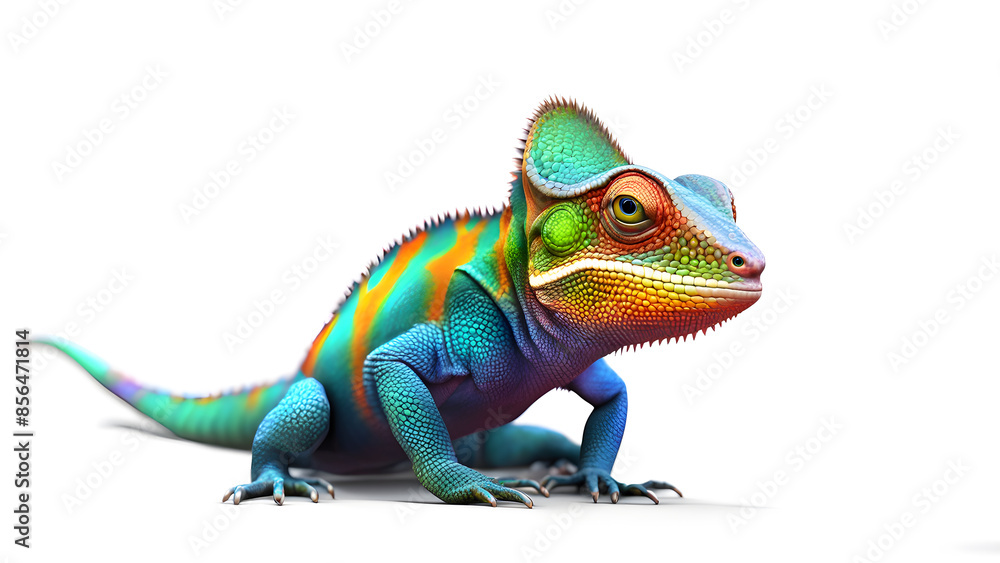 Fototapeta premium A colorful lizard with a green head and blue and yellow stripes on its body