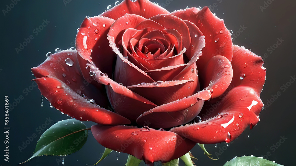 Beautiful red roses with water drops on petals, generative Ai
