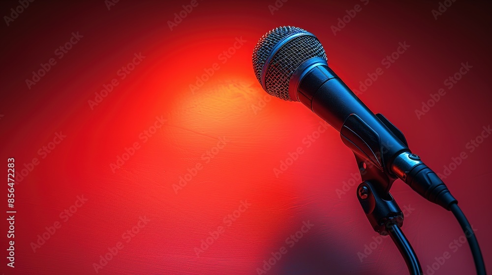 Obraz premium Studio Microphone and Cable on Vibrant Red Background