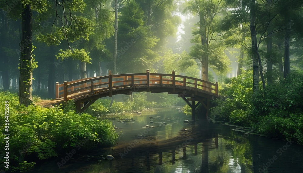 Serene wooden bridge in a lush forest setting, harmoniously blending human craftsmanship with nature's beauty. 🌲🌉 Serene wooden bridge in a lush forest setting, harmoniously blending human craftsmanship with nature's beauty. 🌲🌉