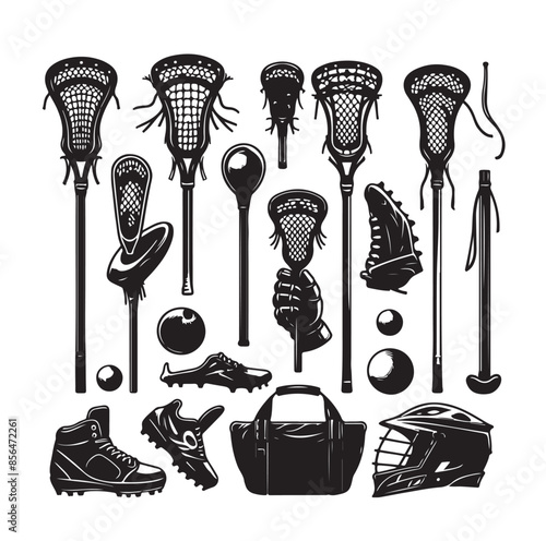 silhouette set of lacrosse equipment set. lacrosse player, sport.vector illustration.