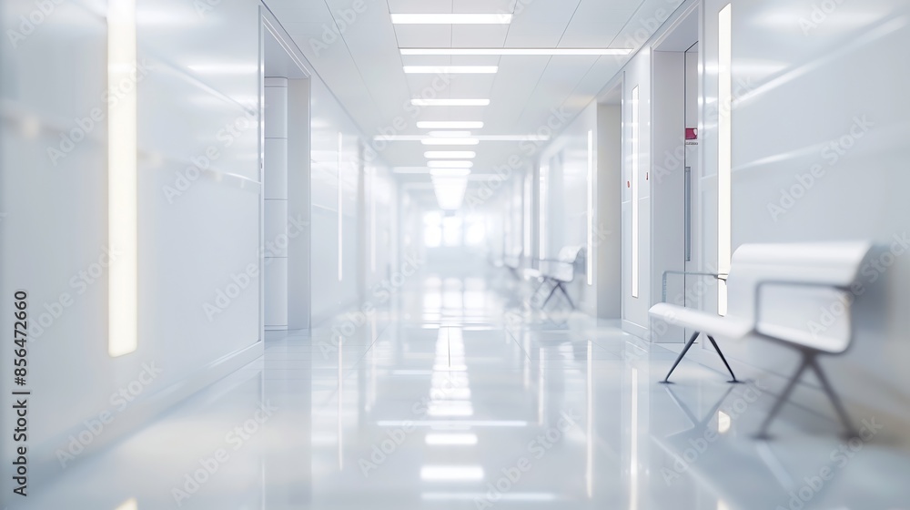 Obraz premium blurred of background interior of a modern hospital with an empty long corridor waiting room for patients and families between the corridor with bright white lights treatment rooms and : Generative AI