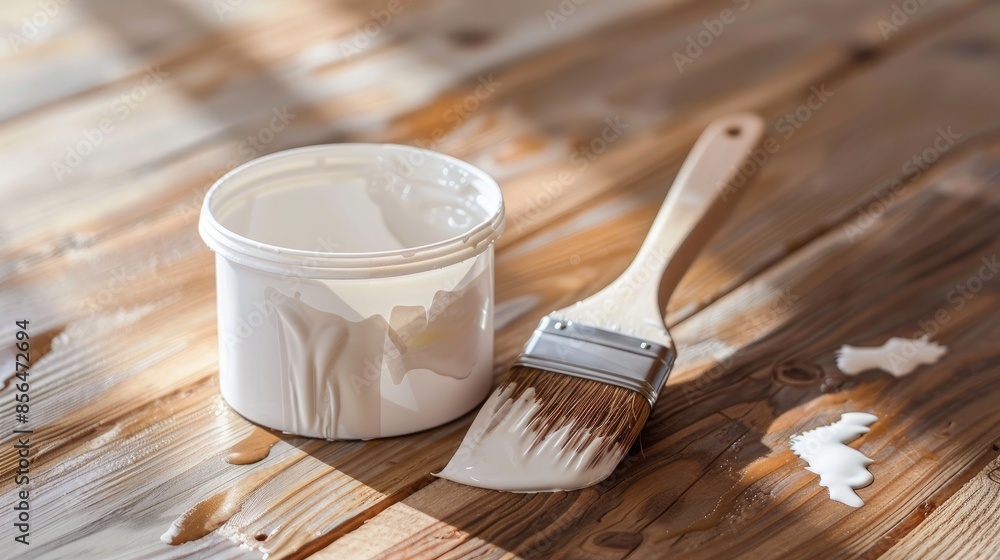 Paint brush and varnish paintbrush and lacquer on wooden floor with white container Paint brush and varnish paintbrush and lacquer on wooden floor with white container
