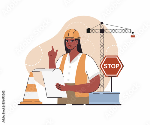 Flat vector illustration. Image of a construction site inspector protecting workers from workplace health and safety hazards.