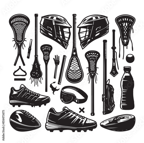 silhouette set of lacrosse equipment set. lacrosse player, sport.vector illustration.