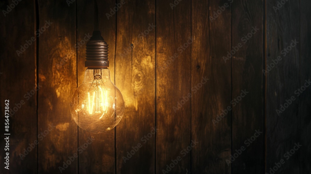 Image of a glowing light bulb hanging against a dark wooden wall. Image of a glowing light bulb hanging against a dark wooden wall.