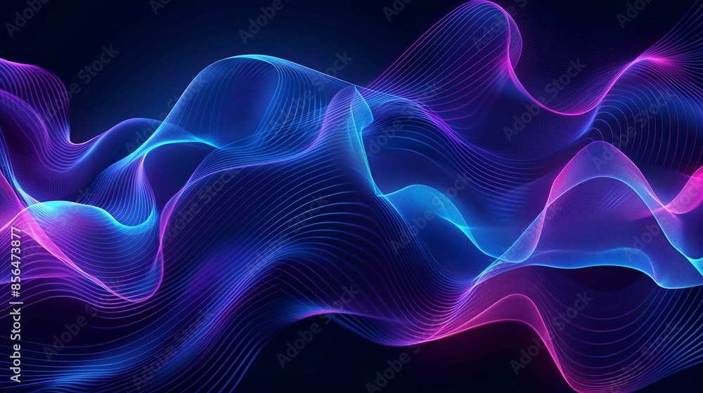 Obraz premium Abstract digital art of undulating neon waves in blue and purple hues.