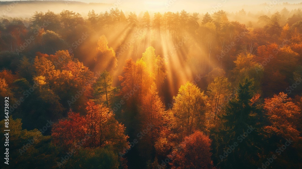 Aerial view of a forest with autumn foliage at sunrise. Aerial view of a forest with autumn foliage at sunrise.